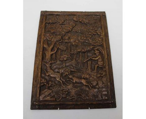 A 19th century carved oak panel stag hunting scene, 26cm x 20cm