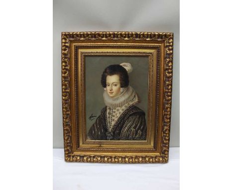 Reproduction portrait 'Queen Isabella', oil on board, 29cm x 39cm indistinctly signed, in moulded gilt frame (certificate on 