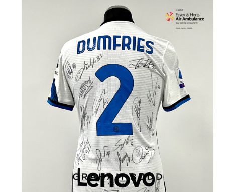 Denzel Dumfries squad signed white and blue FC Inter no.2 away jersey, season 2021-22,
match-issue, Nike, short-sleeved with 