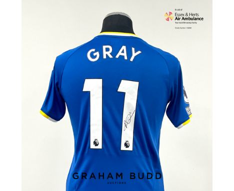 Demarai Gray signed blue and yellow Everton no.11 home jersey, season 2021-22,
match-issue, Hummel, short-sleeved with PREMIE