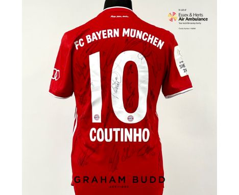 Philippe Coutinho squad signed red FC Bayern Munich no.10 home jersey, season 2020-21,
match-issue, Adidas, short-sleeved wit