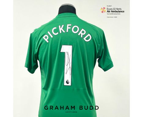 Jordan Pickford signed green Everton no.1 goalkeeper's away jersey, season 2021-22,
match-issue, Hummel, short-sleeved with P