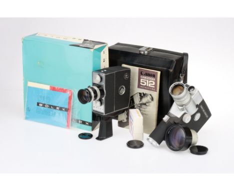 A Bolex K2 and a Canon Cine Zoom 512 8mm Cine Movie Cameras comprising a Paillard Bolex K2 Zoom Reflex Automatic camera, 1966