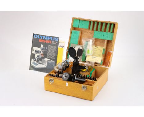 3 Olympus Microscope Objectives - UVFL Olympus Microscope Reflected Light Fluorescence Attachment BH-RFL-W complete with barr