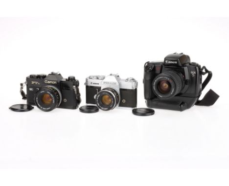 Three Canon 35mm SLR Cameras comprising a black FTb QL camera, serial no.446184, early model 1971-74, with an FD f/1.8 S.C. 5