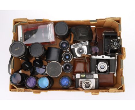 A Tray of Various Cameras and SLR Lenses including an Agfa Isolette II folding roll film camera with an Apotar f/4.5 85mm len