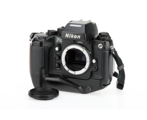 A Nikon F4 35mm SLR Camera, black, body VG, shutter working when batteries are inserted, viewfinder clear, LED illuminates wh