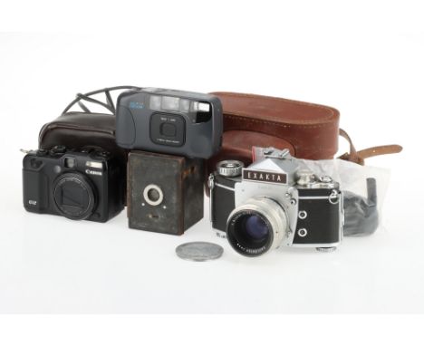 An Exakta Varex IIb and a Canon Powershot G12 Cameras comprising an Ihagee Varex IIb 35mm SLR camera with a Carl Zeiss Jena B