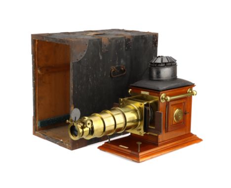 A Large Brass &amp; Mahogany Magic Lantern, English, c.1900, ivorine* plaque marked 'NEGRETTI &amp; ZAMBRA, LONDON', the magi