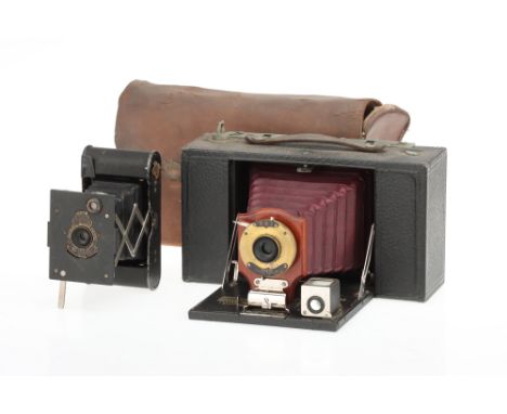 A Kodak No. 3 Folding Brownie Model A Red Bellows Camera 1905-15, for 3¼x4¼in. on 124 roll film, polished wooden lens standar