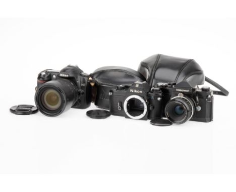 Three Nikon SLR Cameras comprising a black Nikon Nikkormat FTN SLR camera with a Nikkor f/2 50mm AI lens, shutter sticking so