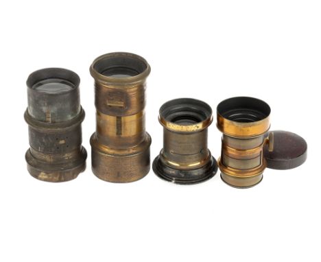 A Mixed Selection of Brass Camera Lenses, to include a J H Dallmeyer brass portrait lens, approx. 5½" focal length, body G, s
