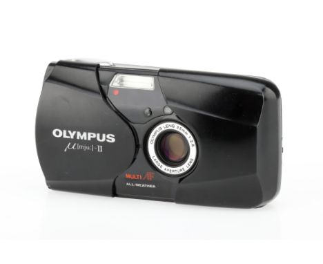 An Olympus Mju II 35mm Compact Camera, black, body G, signs of wear throughout, shutter &amp; flash working when batteries ar