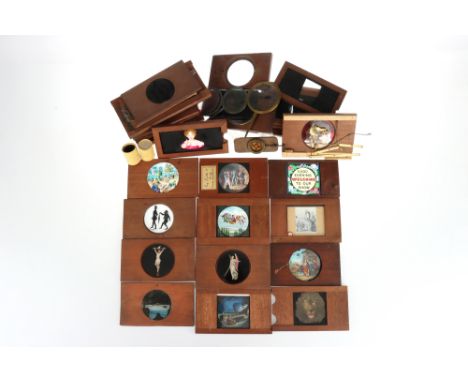 A Collection of Wooden Framed Victorian Magic Lantern Slides, comprising of 10 slip slides ( some damaged and missing parts),