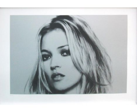 RUSSELL MARSHALL 'KATE MOSS' BLACK/SILVER CHARITY SCREENPRINT, signed in pencil with blindstamp and framed, 6/40.