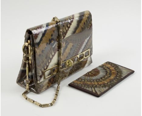 VINTAGE FEATHER BAG AND WALLET SET, unique set of items from the 1970's, both items covered in phesant/peacock feathers, bag 