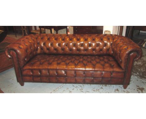 CHESTERFIELD SOFA, vintage faded tan brown leather with deep button upholstered back, arms and seat, 220cm W.