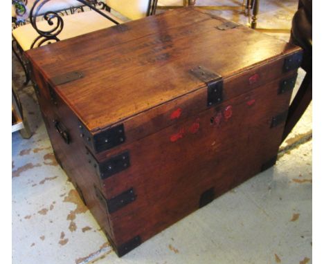SILVER TRUNK, Victorian oak and iron bound with hinged top bearing name and date 'Mrs Essington, November 1882' and carrying 