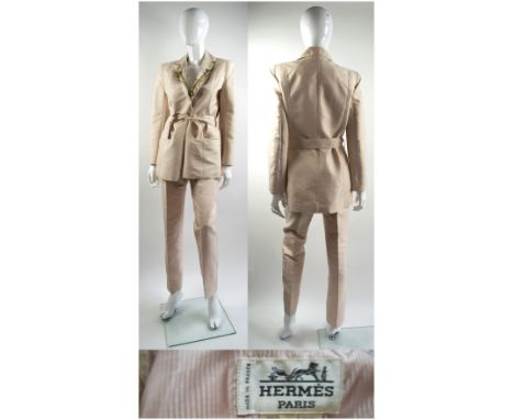 HERMES VINTAGE DUSTY PINK SILK SUIT, two piece jacket and trouser set, jacket with two front pockets, notched lapels with ico