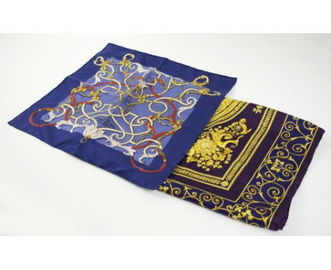 HERMES AND VERSACE SILK SCARVES, two in the lot, Versace square scarf, ornate print of gold interlocking patterns, classical 