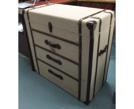 TRUNK STYLE CHEST, with a rising lid and three drawers with wooden and brass banding and leather detail, 80cm x 42cm x 82cm H