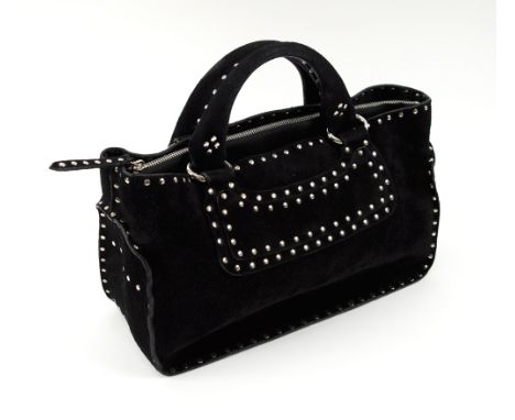 CELINE BOOGIE BAG, black suede with a middle zipped pocket, silver stone hardware and studs, 31cm W x 20.5cm H x 13.5cm. (sli