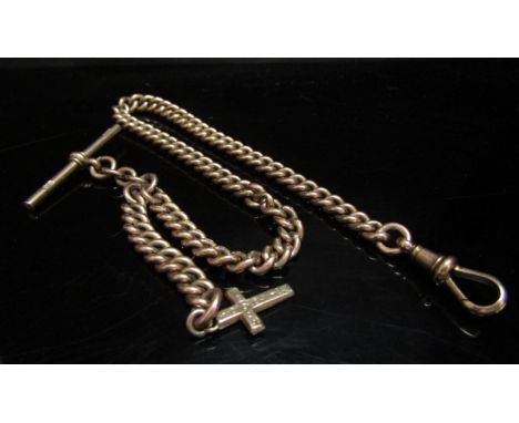 A 9ct gold watch chain hung with T-bar and cross charm, 33cm long, 43g 
