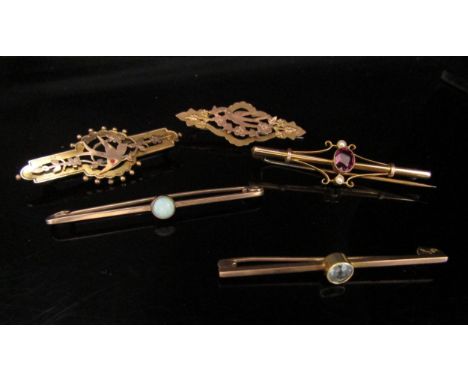 Five bar brooches including opal, four marked 9ct, 9c, 9.1g total 