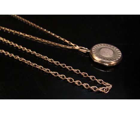 A 9ct gold long box link chain, 60cm long, hung with a circular 9ct gold locket and a neckchain stamped 9ct, 42cm long, 11.9g
