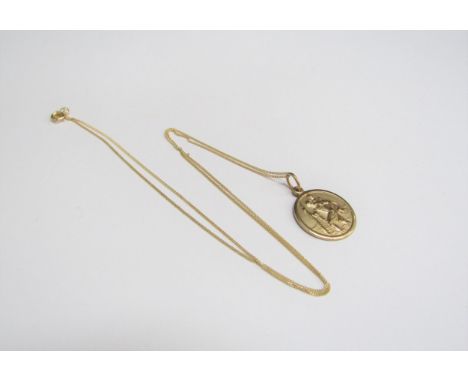 A gold St Christopher hung on chain stamped 375, 46cm long, 2.3g 