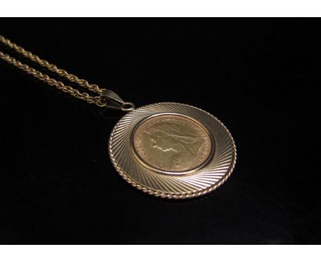 An 1896 gold old head sovereign in wide 9ct gold mount hung on a 9ct gold rope twist chain, 25cm long, 12.4g total 