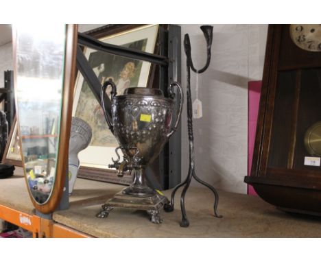 19th century reed candle iron with lamp and a silver plated samovar