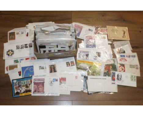 A box of first day covers, photographs etc