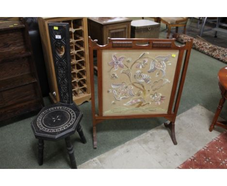 An dark stained oak spinning chair together with Victorian tapestry fire screen 