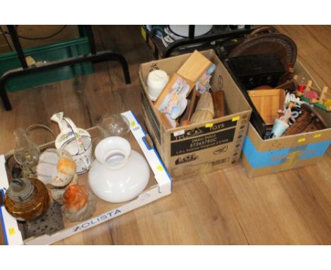 3 boxes of light shades, book ends, jewellery etc
