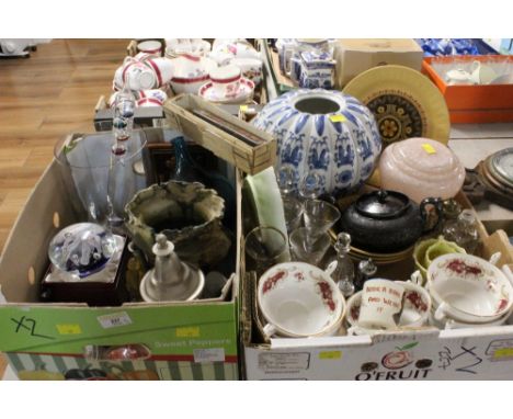 2 boxes of glassware, vases, paperweights, vaseline glass jug and bowl, light shade etc.