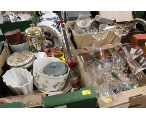 3 boxes of Babycham glasses, Royal Worcester Evesham patterned plant dish, glass bowls in a shape of onion etc.