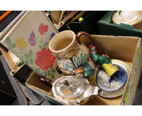 A silver plated teapot, Royal Cauldon jug, tablecloth etc