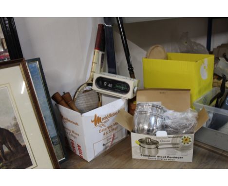 A bed warming pan, tennis rackets, stainless steel porriger, alarm clock etc.