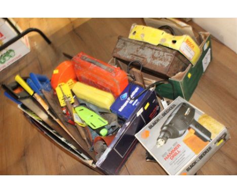2 boxes of hand tools and power tools Back and Decker electric drill, hand saws etc.
