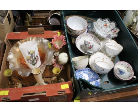 A wooden shelf, glass vases, carnival glass, cups and saucers etc. 