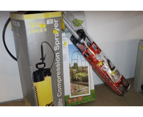An eight litre compression garden sprayer, a lightweight landing net and garden arch 