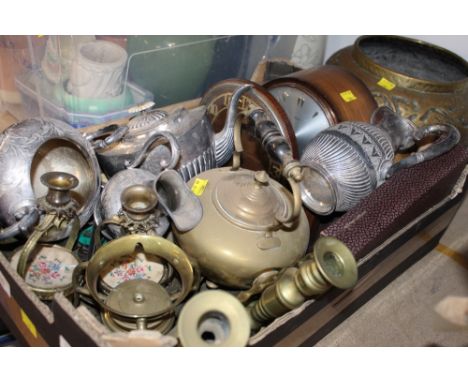 A brass planter and a box of silver plated tea set, copper kettle, mantle clock, brass candle sticks etc. 
