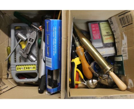 Two boxes of hand tools, screwdrivers, paint brush, tape measures, garden tools etc