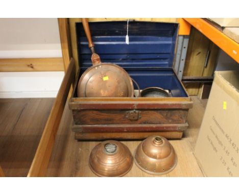 Tin trunk, copper bed warmer, hot water bottle, jam pan etc.