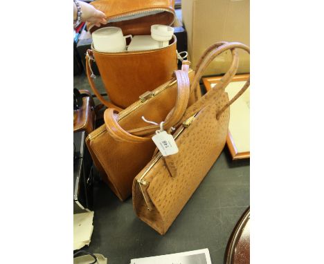 Ostrich skin bag, flask set etc