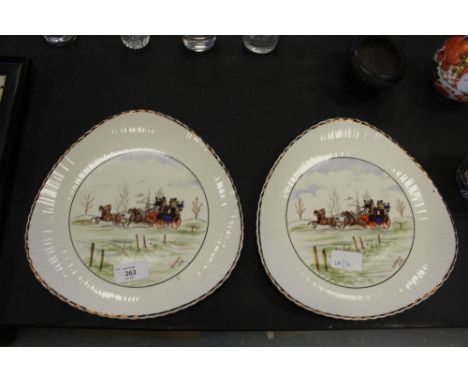 Pair of Kelsboro ware vintage triangular plates, hand painted in 1958 with stagecoach scene