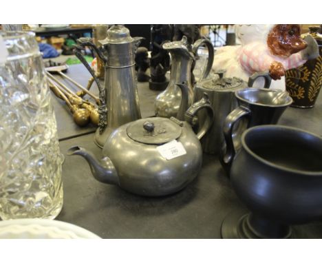 Pewterware - 2 vintage teapots marked American Sterling and James Dixon and Son and 2 vintage claret jugs, one with Celtic de
