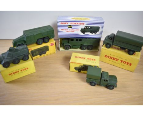 Five Dinky Military Die-casts, 621 3-Ton Army Wagon, boxed, end flap off but present, one internal flap missing, 641 Army 1-T