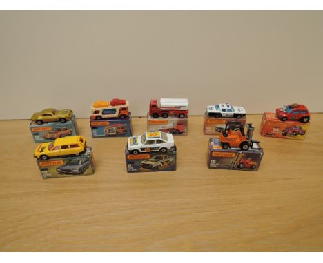 Eight Matchbox Series Superfast Lesney 1974-1982 die-casts, No 9 Ford RS 2000, white &amp; dunlop label, No 10 Plymouth Polic